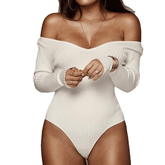 Off Shoulder Ribbed Knitted Sexy Bodysuit Women Black V Neck Summer Slim Rompers Womens Jumpsuit Winter Basic Bodysuits