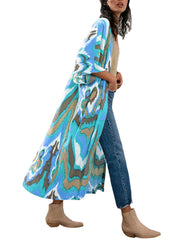 Printing Open Front 3/4 Sleeve Loose Cardigan For Women