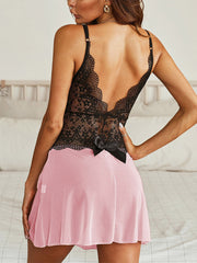 Women's Lace Mesh Backless Babydoll Lingerie with Bowknot