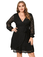 Plus Size Belt Design Lace Crossed Front Design Long Sleeves Dress