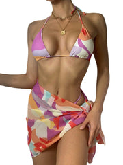Irregular Color Block String Halter Micro Bikinis Hawaii Style Swimwear With Cover Up