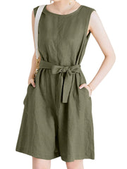 Cotton Solid Sash Pocket Sleeveless Round Neck Zip Casual Romper