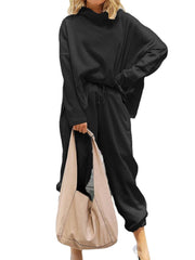 Women Plain Loose High Neck Tops Harem Pants Casual Two-Piece Set