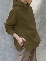Women Korean Style Zipper Split Hem Commute Solid Hoodie