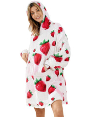 Women Cute Strawberry Print Thicken Blanket Hoodie Oversized Robes With Kangaroo Pocket
