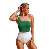 Women Swimsuit Tied Bow Beach Bathing Green and White Colorblock