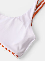 Women Classic Stripe Print Wide Shoulder Straps Swimwear Backless Bikini