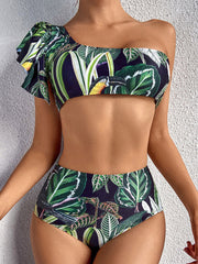 Tropical Plant Print One Shoulder Bandage Backless High Waist Green Bikinis Swimwear
