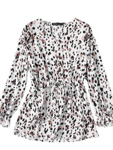 Women Leopard Printed V-Neck Flare Sleeve Elastic Cuff Drawstring Waist Shirts
