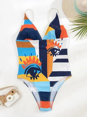 Women's Swimwear One Piece Monokini Normal Swimsuit Tummy Control Print Geometry Eye Blue Purple Padded Plunge Bathing Suits New Sexy Hawaiian / Padded Bras / Slim