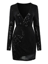 Women‘s Formal Party Dress Sequin Dress Holiday Dress Mini Dress Black Gold Long Sleeve Pure Color Sequins Winter Fall Spring V Neck Fashion Winter Dress Birthday