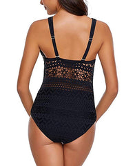 Women's Black Geometric One Piece Swimsuit, Tummy Control, Open Back, Padded, Sexy Fashion