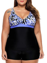 Plus Size Women's Tankini Swimsuit - Floral Print, Open Back, Padded, Vacation Fashion