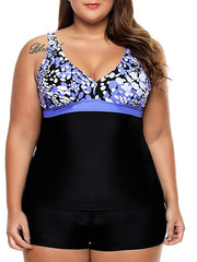 Plus Size Women's Tankini Swimsuit - Floral Print, Open Back, Padded, Vacation Fashion