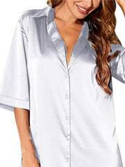 Women's Satin V-Neck Mini Sweater Dress - Casual Solid Color with Split for Home Lounge