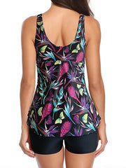 Plus Size Women's Tropical Tankini Swimsuit - Open Back, High Waisted, V Wire, Vacation Fashion