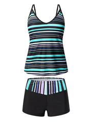 Women's Swimwear Tankini 2 Piece Normal Swimsuit Open Back Cross Color Block Stripe Rainbow Tank