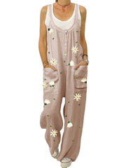 Flower Print Straps Button Loose Pocket Jumpsuits For Women