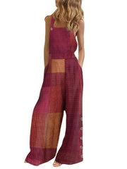 Women Plaid Sleeveless Side Button Wide-Leg Casual Jumpsuits With Pocket