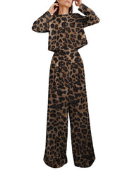 Leopard Print Button Zip Long Sleeve Crew Neck Two Pieces Set