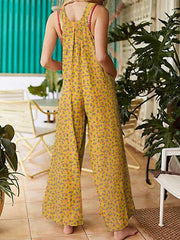 Women Vintage Ditsy Floral Print Double Pocket Casual Strappy Jumpsuits