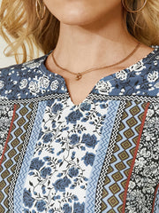 Women Ethnic Style Print V-neck Side Pocket 3/4 Sleeve Vintage Maxi Dress