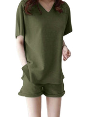 Leisure Solid Pocket V Neck Short Sleeve Suit