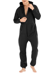 Men Mulit Pockets Thicken Loungewear Zip Down Jumpsuit Plain Hooded Pajamas