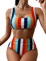 Women Colorful Stripe Wide Straps Top High Waisted Bikinis Swimsuit