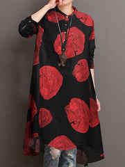 Women Cotton Tree Ring Floral Print Long Sleeve Button Down Casual Shirts Dress