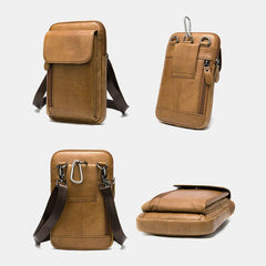 Men Multi-pocket Genuine Leather Belt Bag With Hook Wear-resistant 6.5 Inch Phone Shoulder Crossbody Bags Waist