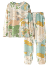 Women's World Map Print Jogger Pajama Set - Round Neck, Elastic Waist