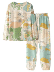 Women's World Map Print Jogger Pajama Set - Round Neck, Elastic Waist