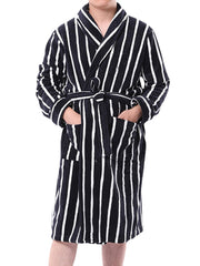 Men Basic Striped Print Flannel Winter Thick Mid-Length Home Lounge Robes