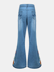 Women Floral Embroidery Stylish Casual Bell-Bottom Jeans With Pockets