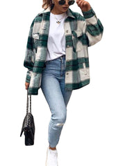 Women Plaid Button Front Lapel Long Sleeve Casual Coats With Multi Pocket