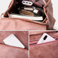 Women PU Leather Multi-pockets Button Backpack Drawstring Hasp Laptop Bag