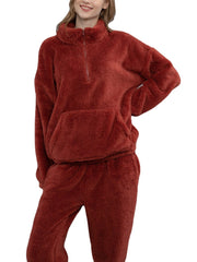 Women's Plush Fluffy Pajama Set with Kangaroo Pocket Pullover & Jogger Pants