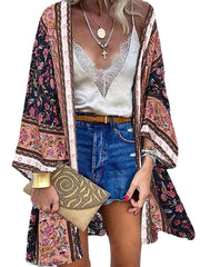 Floral Print Bohemian Open Front Long Sleeve Holiday Cardigan