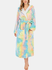 Green Women's Tie Dye Fleece Hooded Sleepwear Robe with Pockets