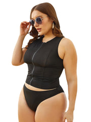 Front Zip Up Racer Back Tops With Mid Waist Bottoms Bikini