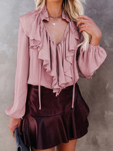 Women Solid Color Ruffle Tie Neck Casual Long Sleeve Blouses
