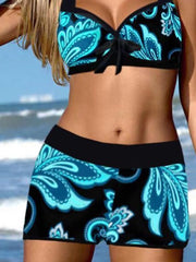 Women's Swimwear Bikini 2 Piece Plus Size Swimsuit Open Back Printing for Big Busts Blue Halter V Wire Bathing Suits New Vacation Fashion / Modern / Padded Bras