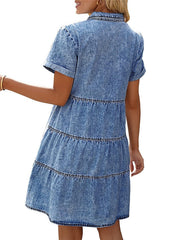 Women's Denim Shift Dress - Casual Mini Shirt Dress with Pockets, Short Sleeve