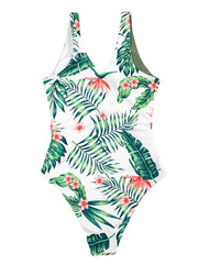 Contrast Leaf Print Lace Up Wide Straps Green One Piece Summer Hawaii Swimsuit
