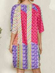 Women Abstract Colorblock Print Crew Neck Half Sleeve Ethnic Style Dress