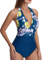 Women's Swimwear One Piece Plus Size Swimsuit Backless Tummy Control Print Flower Yellow Blue Halter Plunge Bathing Suits New Vacation Sexy