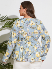 Plus Size Floral Print Crossed Front Design Blouse