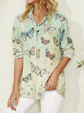 Butterfly Print Lapel Collar Long Sleeve Casual Shirt For Women