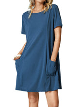 Solid Color Short Sleeve Pocket O-neck Casual Dress For Women